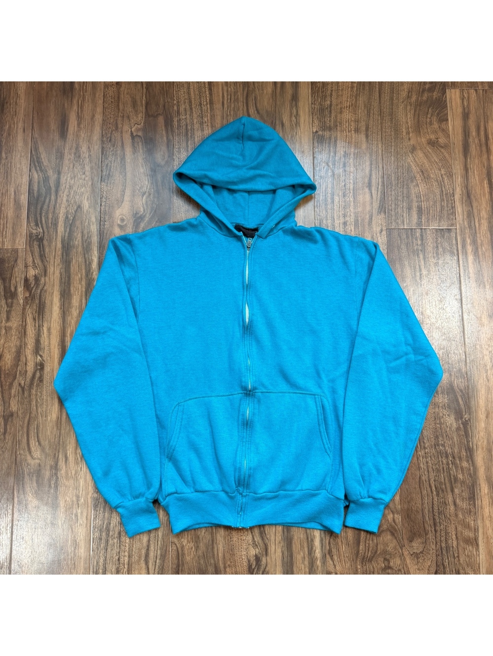 Vintage 80s 90s Blank Hoodie Full Zip Turquoise Blue Made In USA L